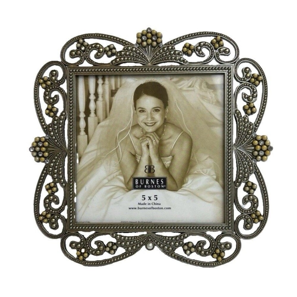 Burnes of Boston Picture Frame Beaded Crystal Pearl Scroll Art Nouveau 5 X 5 New